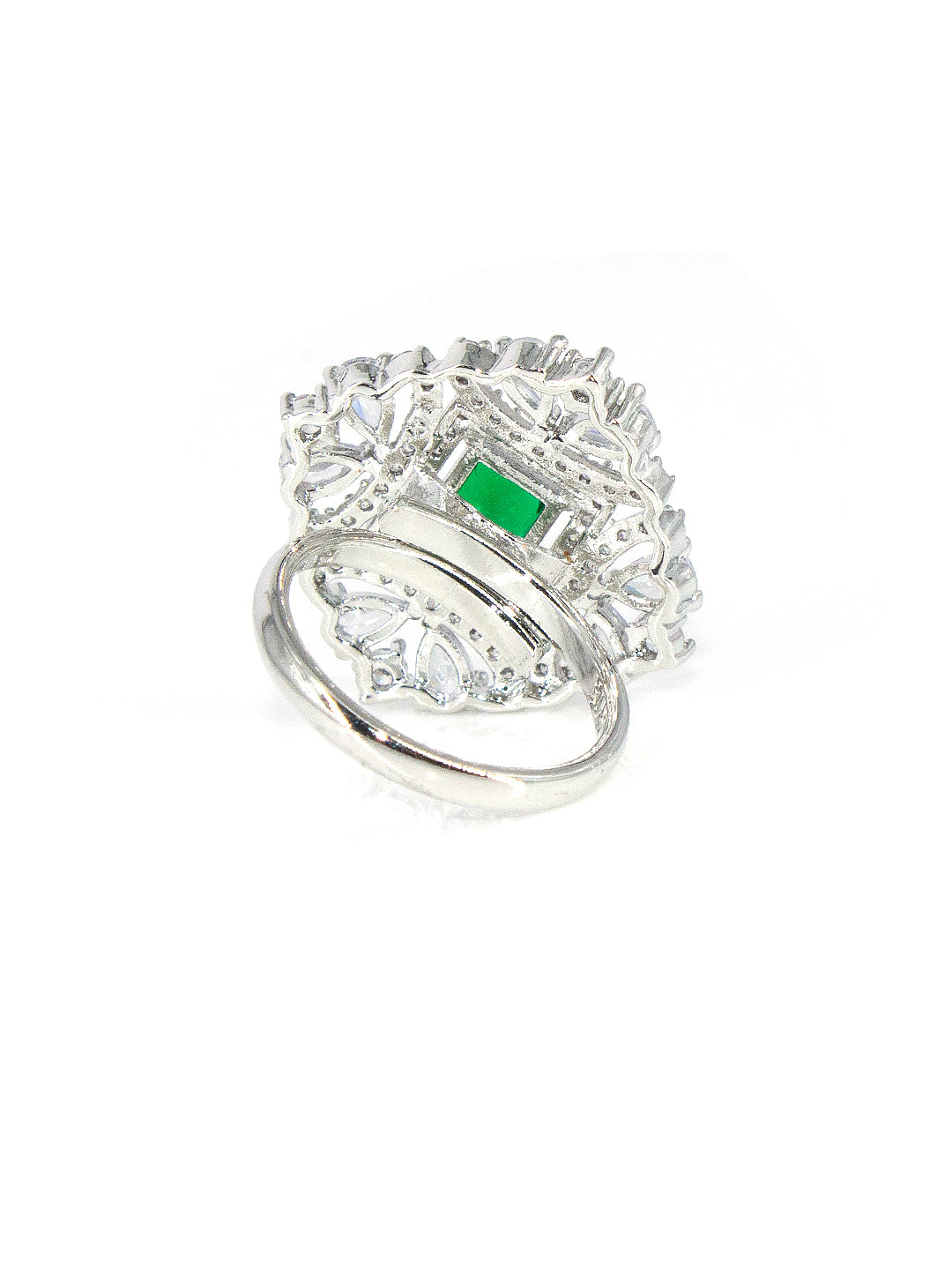 Silver-Plated American-Diamond Studded Floral Design Adjustable Finger Ring