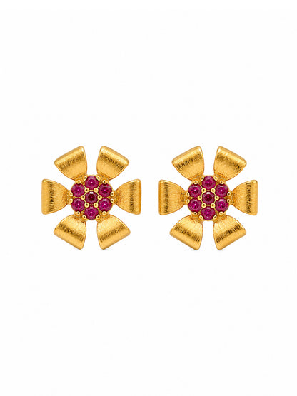 Gold Plated Pink AD Floral Stud Earrings for Women