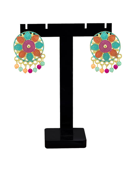 Silver-Plated Circular Floral Multi Color Stud Earrings