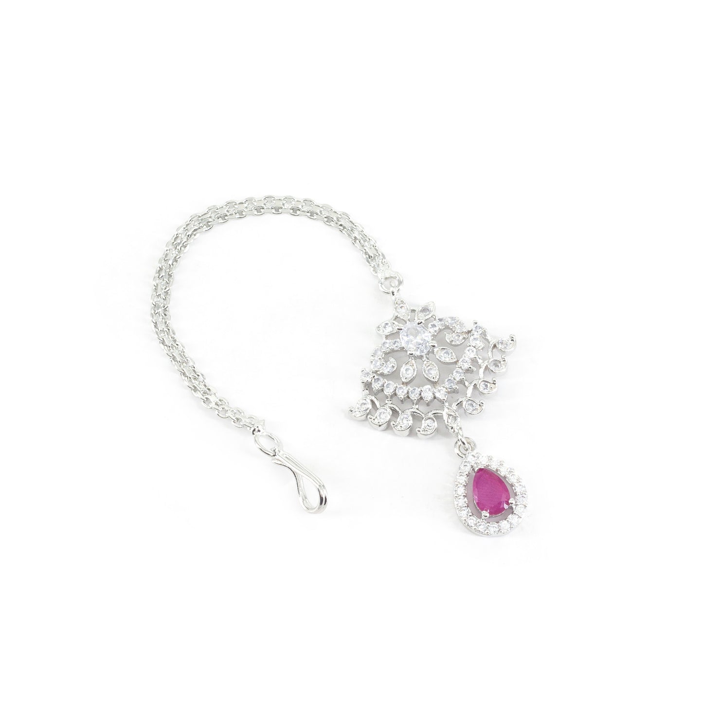 Silver Plated Red AD Maang Tikka for Women