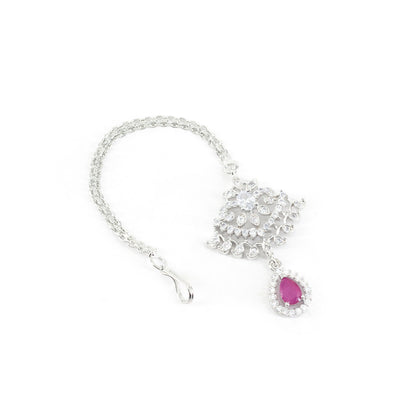 Silver Plated Red AD Maang Tikka for Women