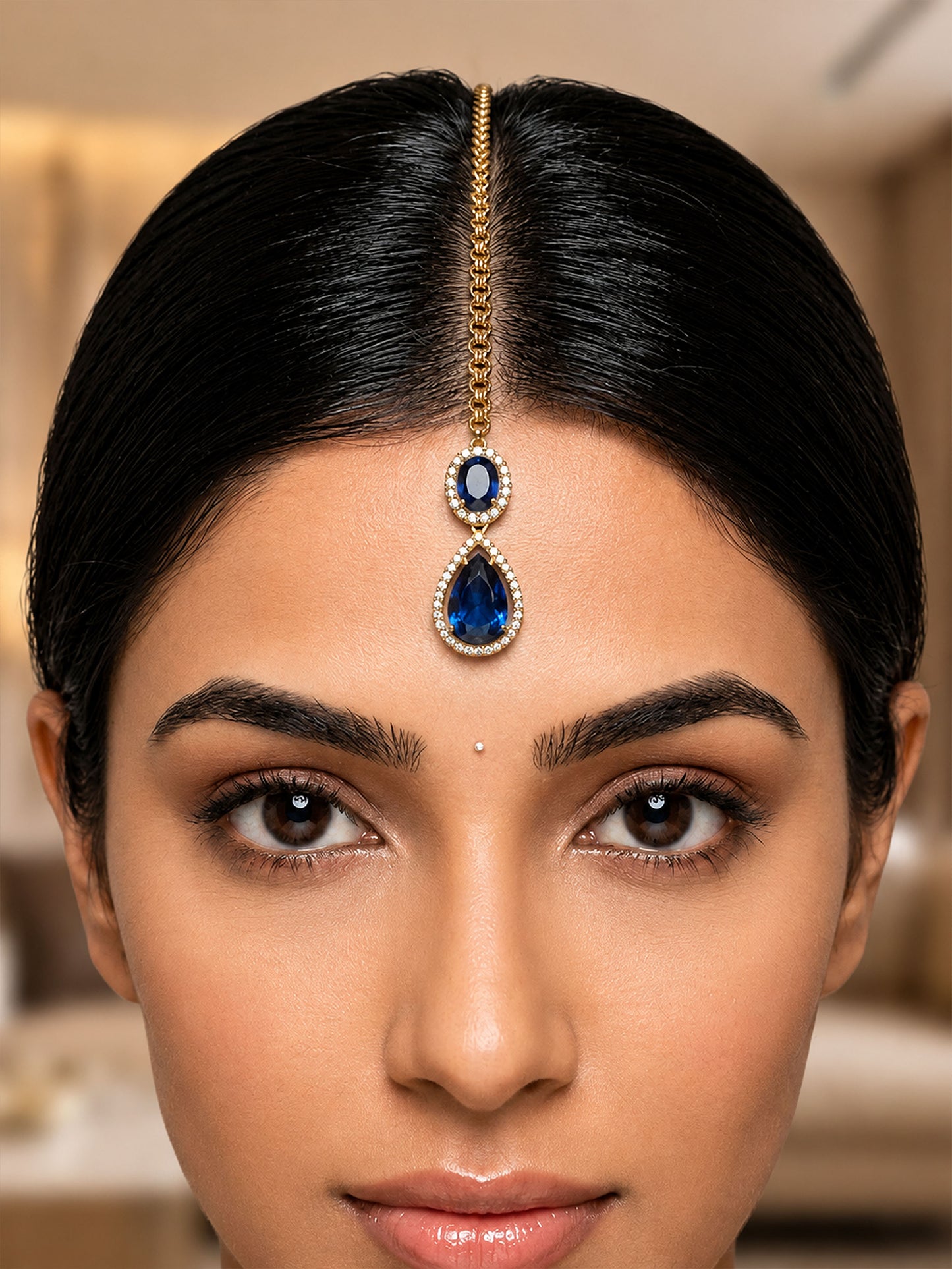 Antique Gold Plated Blue AD Maang Tikka for Women