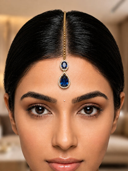 Antique Gold Plated Blue AD Maang Tikka for Women