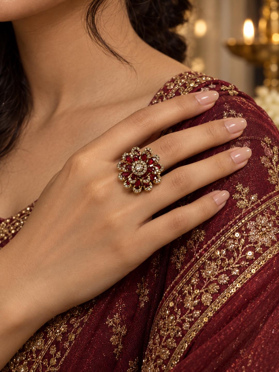 Antique Gold Plated Red AD Floral Finger Ring for Women