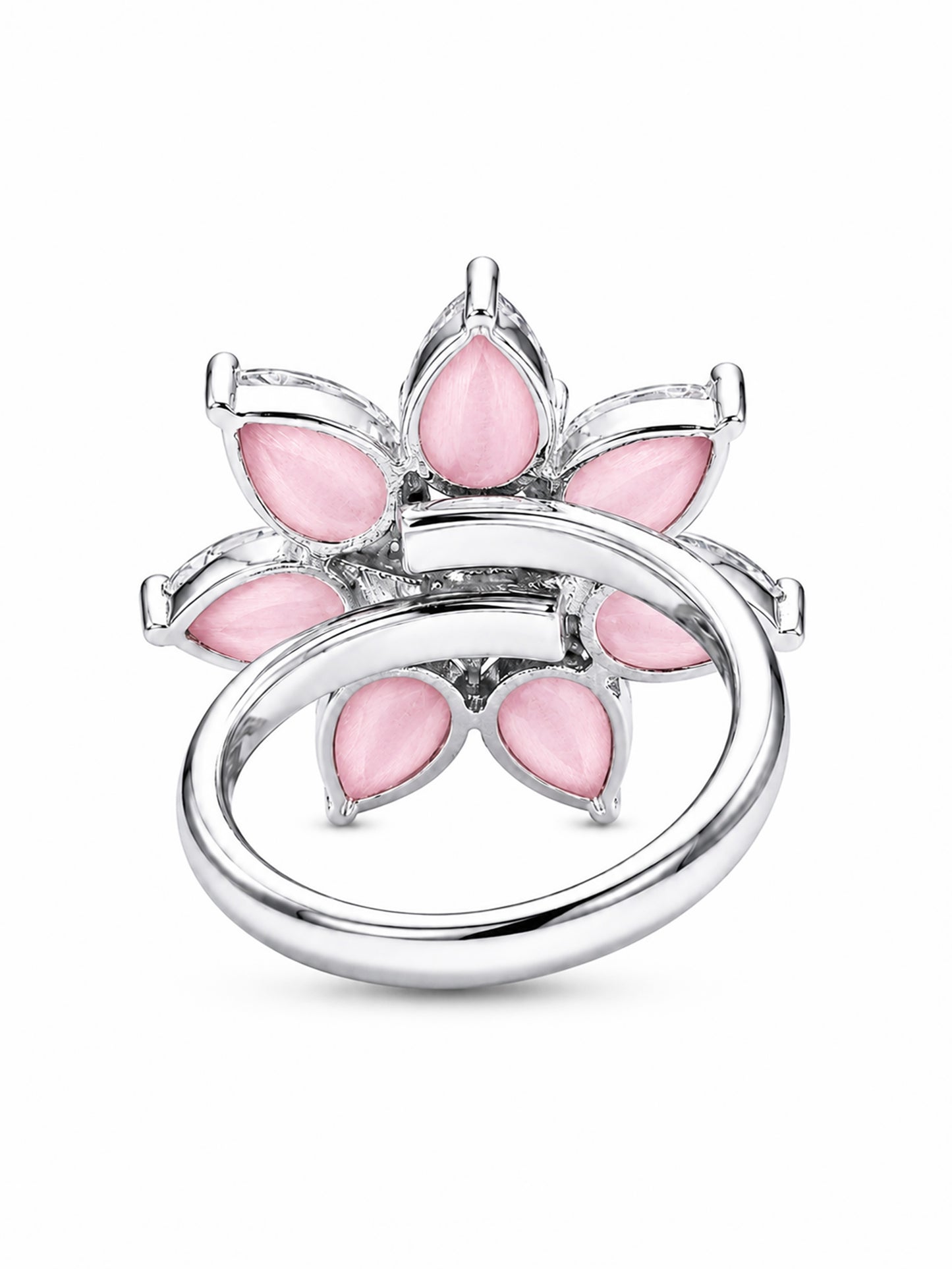 Rhodium Plated Pink AD Floral Finger Ring for Women
