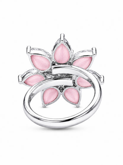 Rhodium Plated Pink AD Floral Finger Ring for Women