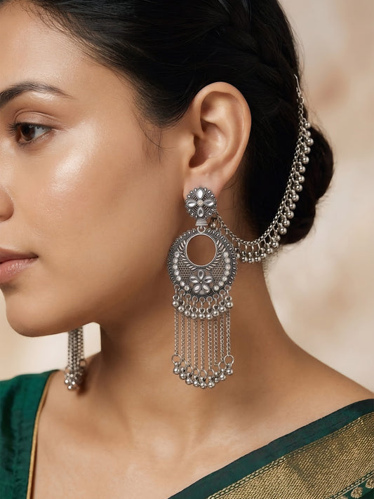 Silver Oxidised Jhumka Earring with Chain for Women