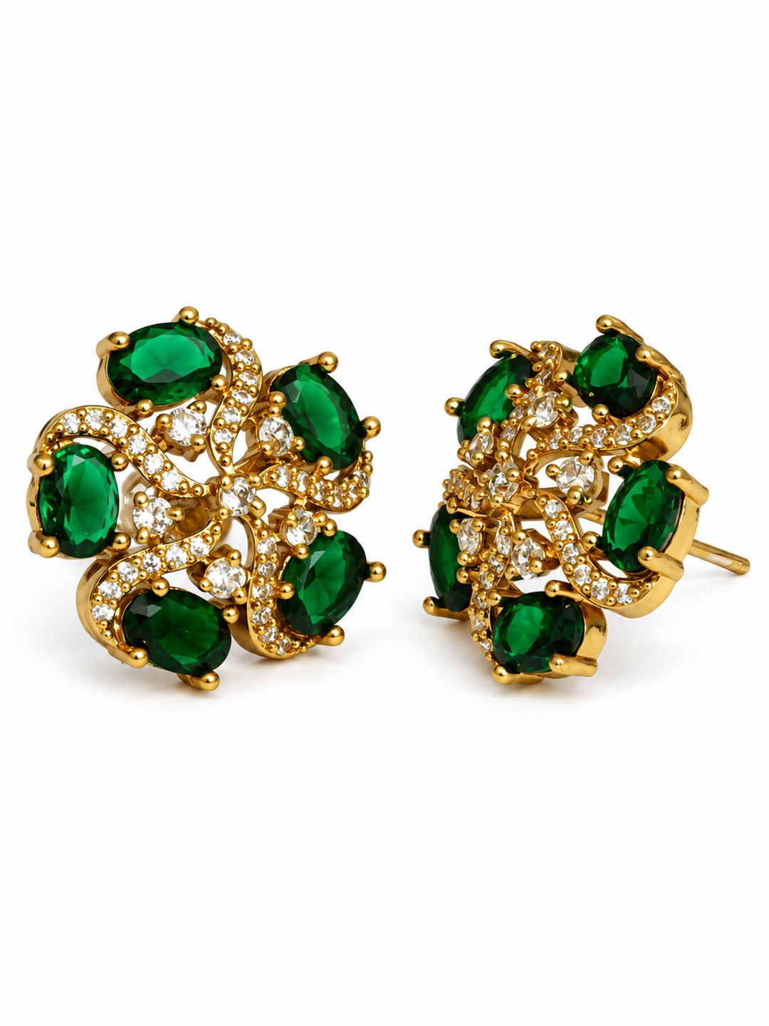 South Indian Gold Plated Green AD Floral Stud Earrings for Women