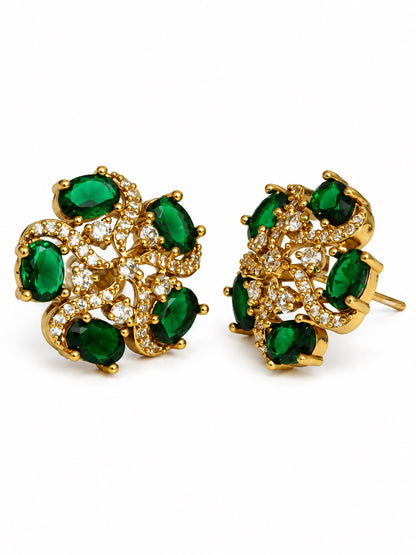 South Indian Gold Plated Green AD Floral Stud Earrings for Women