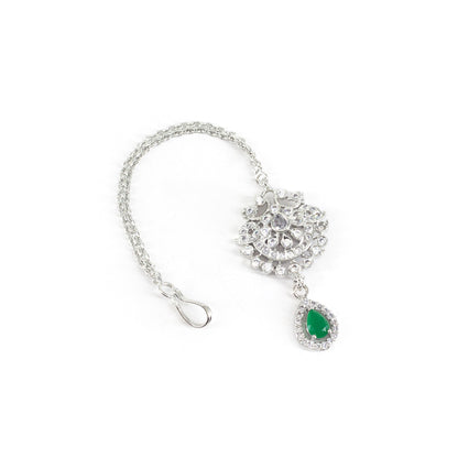 Silver Plated Green AD Maang Tikka for Women