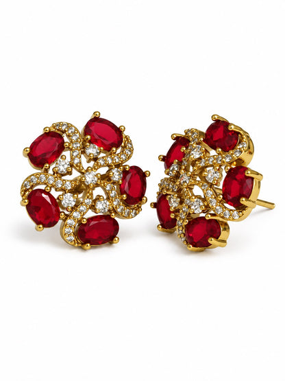 South Indian Gold Plated Red AD Floral Stud Earrings for Women