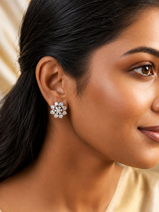 Rhodium Plated AD Floral Stud Earrings for Women