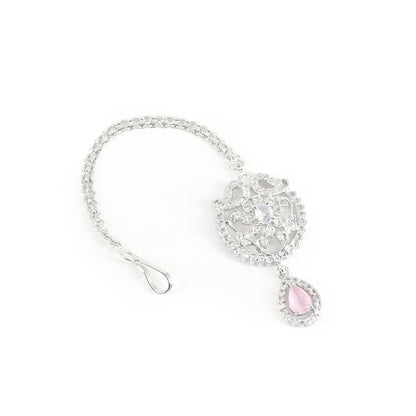 Rhodium Plated Pink AD Maang Tikka for Women