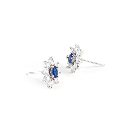 Rhodium Plated Blue AD Floral Studs for Women