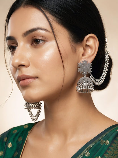 Silver Oxidised Floral Jhumka Earring with Chain for Women