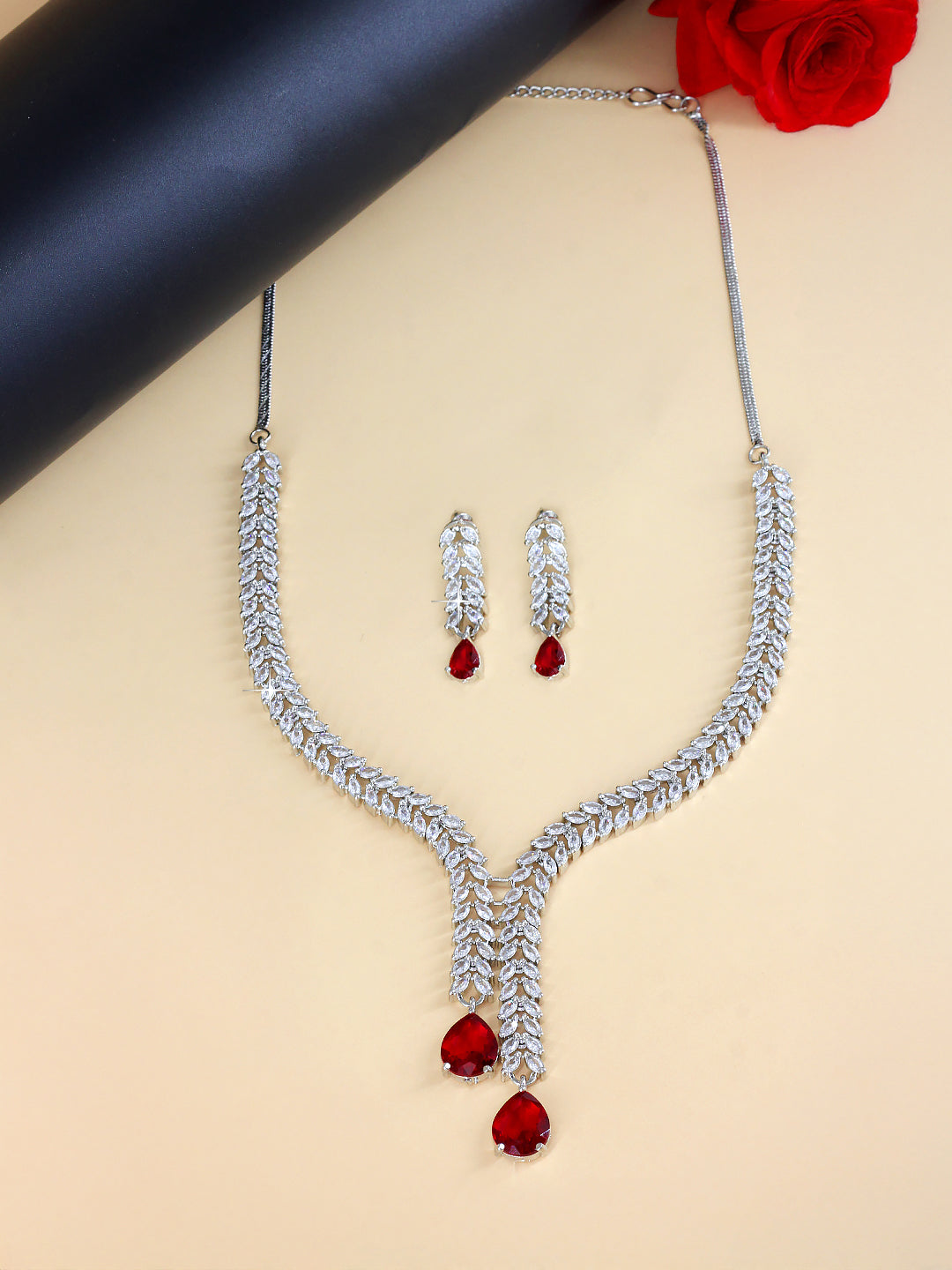 Red American Diamond  Tear Drop Leaf Party Jewellery Set
