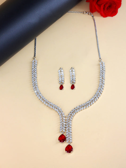 Red American Diamond  Tear Drop Leaf Party Jewellery Set
