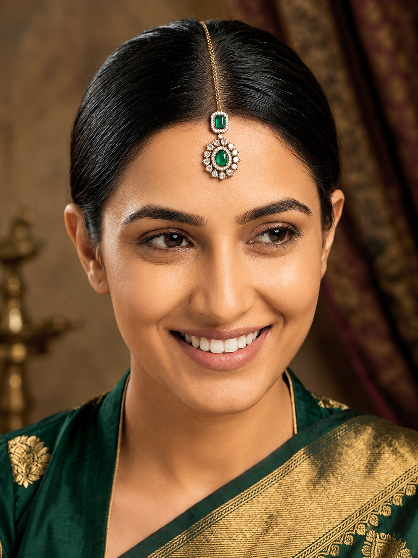 Antique Gold Plated Green AD Maang Tikka for Women