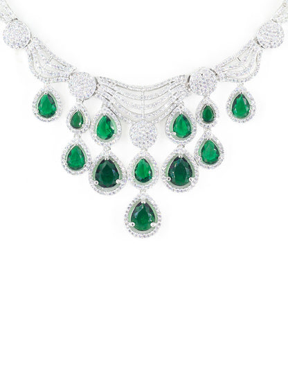 Silver Plated Green & White AD Designer Jewellery Set
