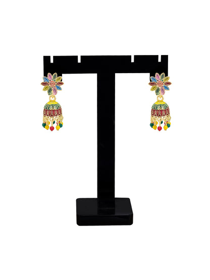 Gold Plated Floral Multi Color Artificial Beaded Jhumki Earrings