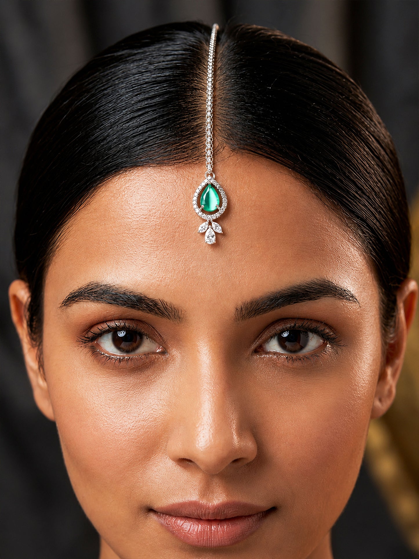 Silver Plated Mint Green AD Maang Tikka for Women