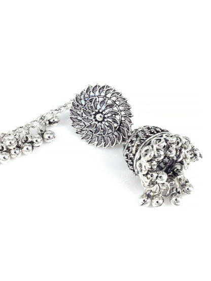 Silver-Oxidised Floral Jhumka Earrings With Ear Chain