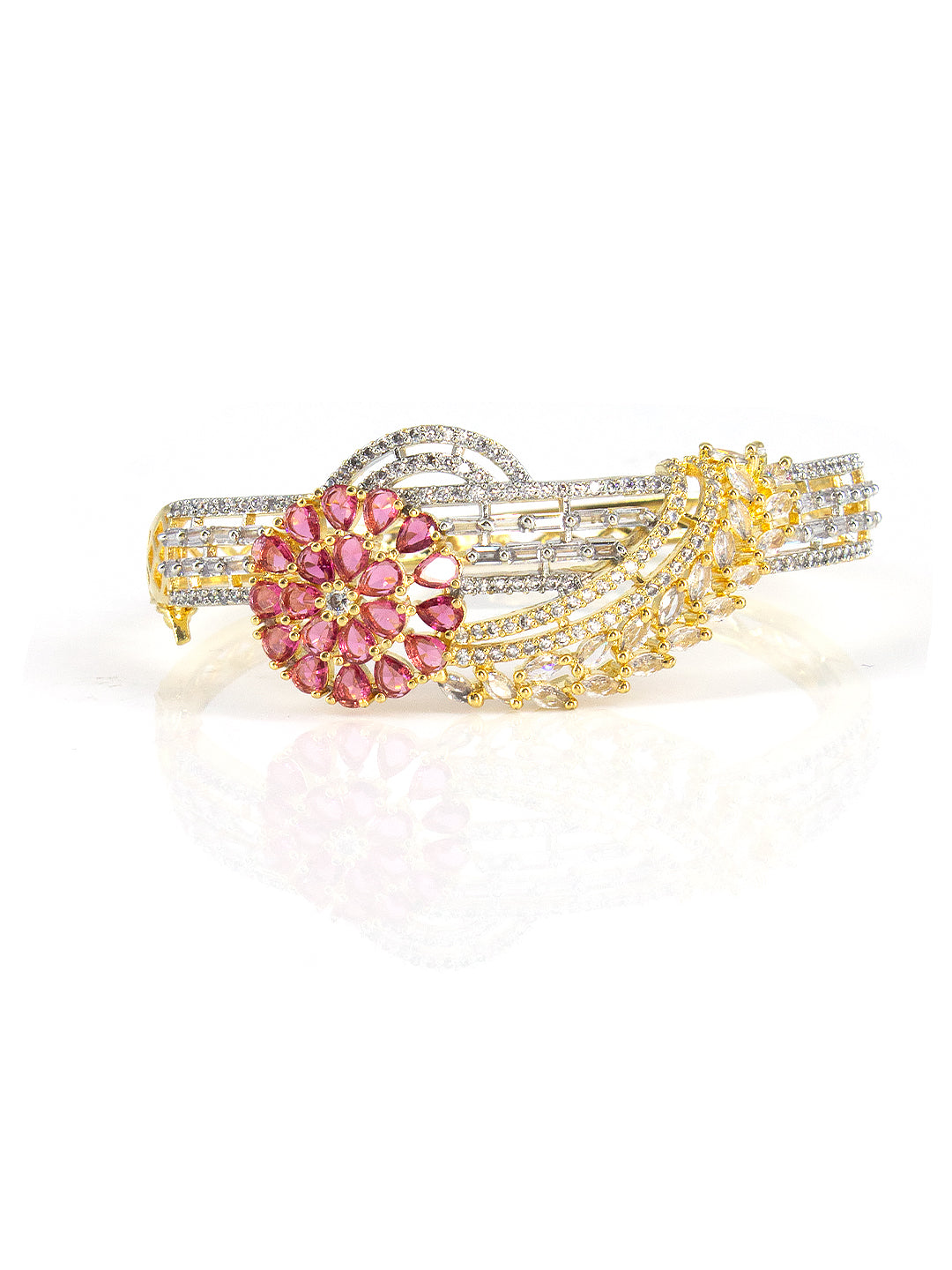 Gold Plated Ruby Floral Cuff Bracelet For Women