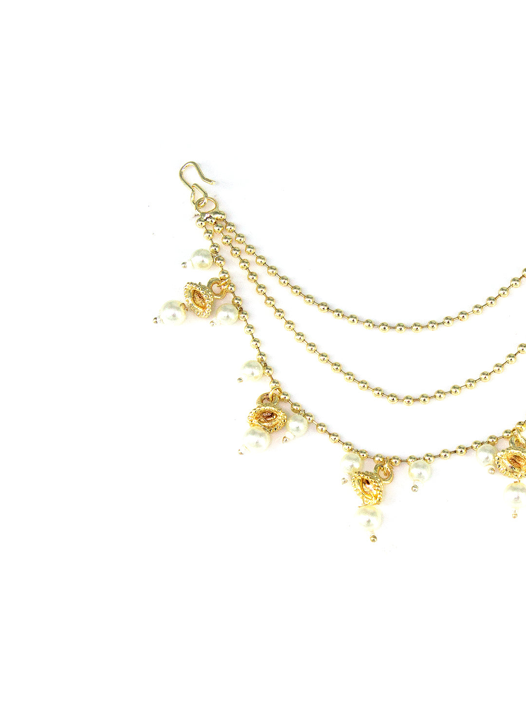 Gold-Plated 3-Layered Beads & 7 Jhumki Drop Ear Chain