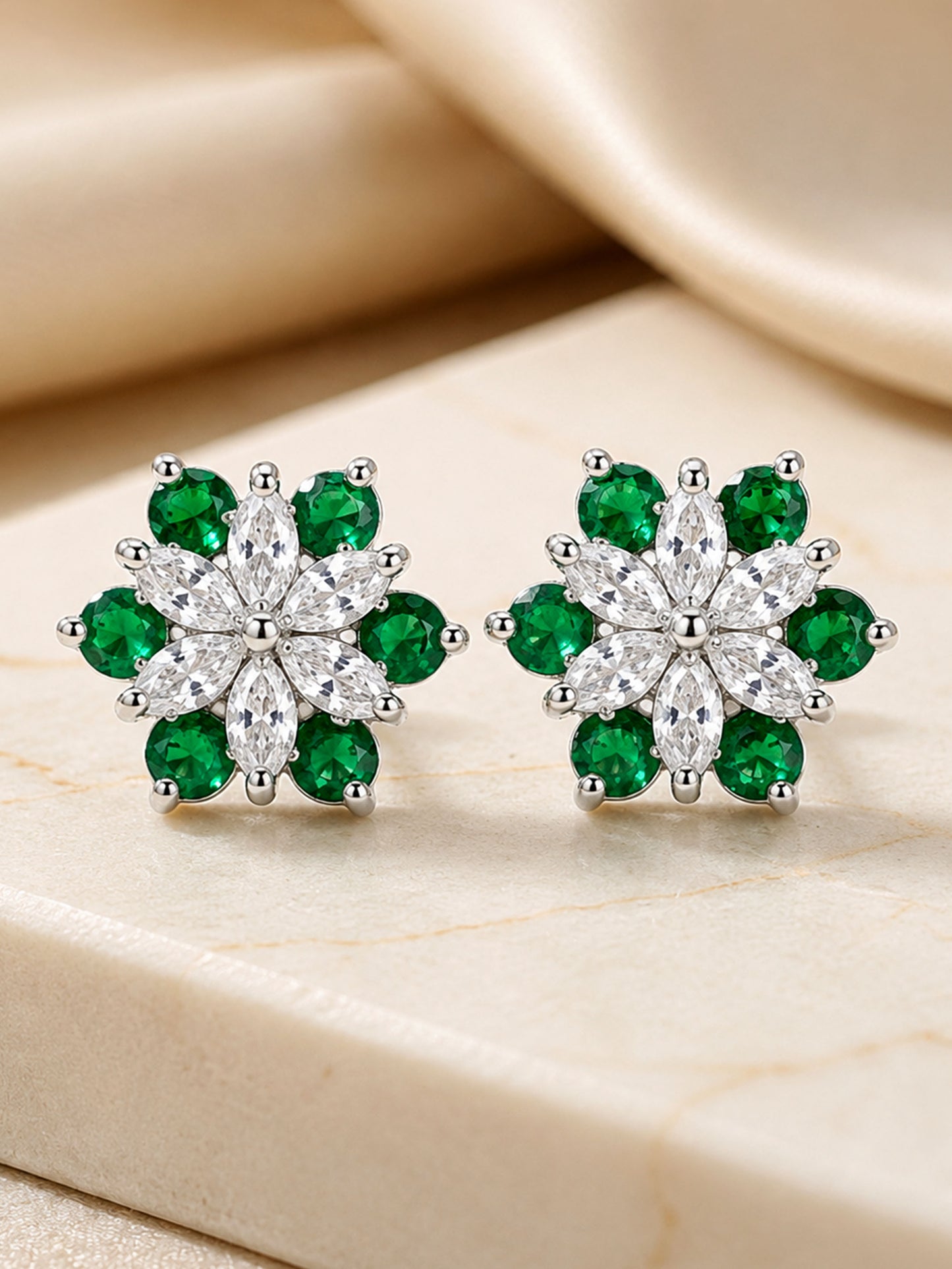 Rhodium Plated Green AD Floral Stud Earrings for Women