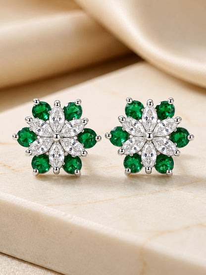Rhodium Plated Green AD Floral Stud Earrings for Women