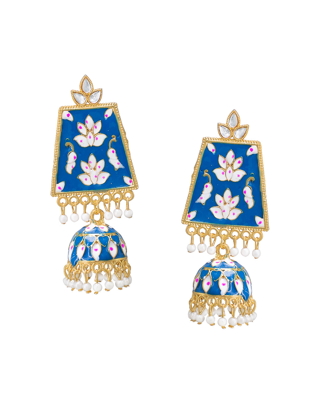 Gold Plated Blue Artificial Stones Studded Jhumka Earrings