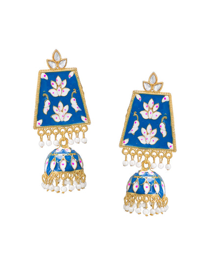 Gold Plated Blue Artificial Stones Studded Jhumka Earrings