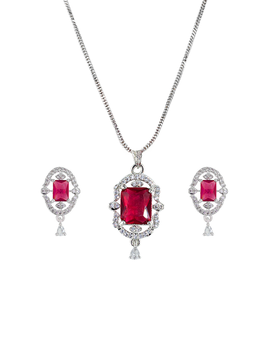 Rhodium Plated Red American Diamond Studded Pendant Set
