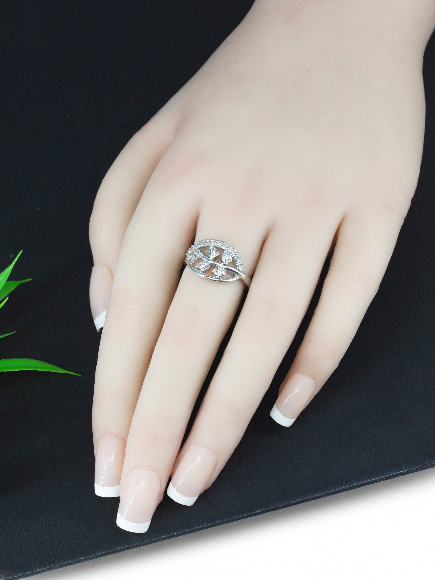 Rhodium Plated American Diamond Leaf Traditional Adjustable Ring for Women