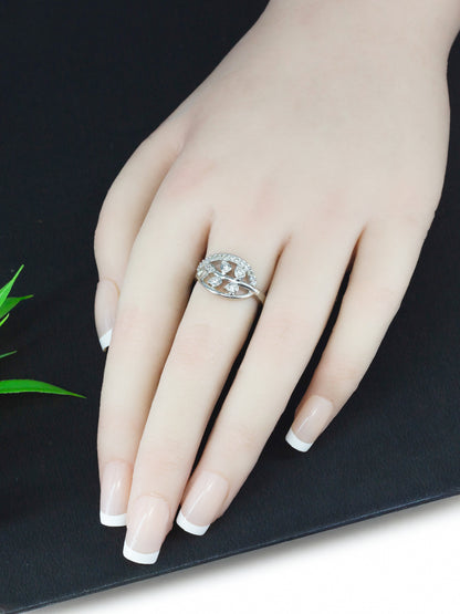 Rhodium Plated American Diamond Leaf Traditional Adjustable Ring for Women