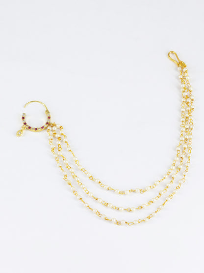 Gold Plated Red AD Nose Ring with 3 line Pearl Chain
