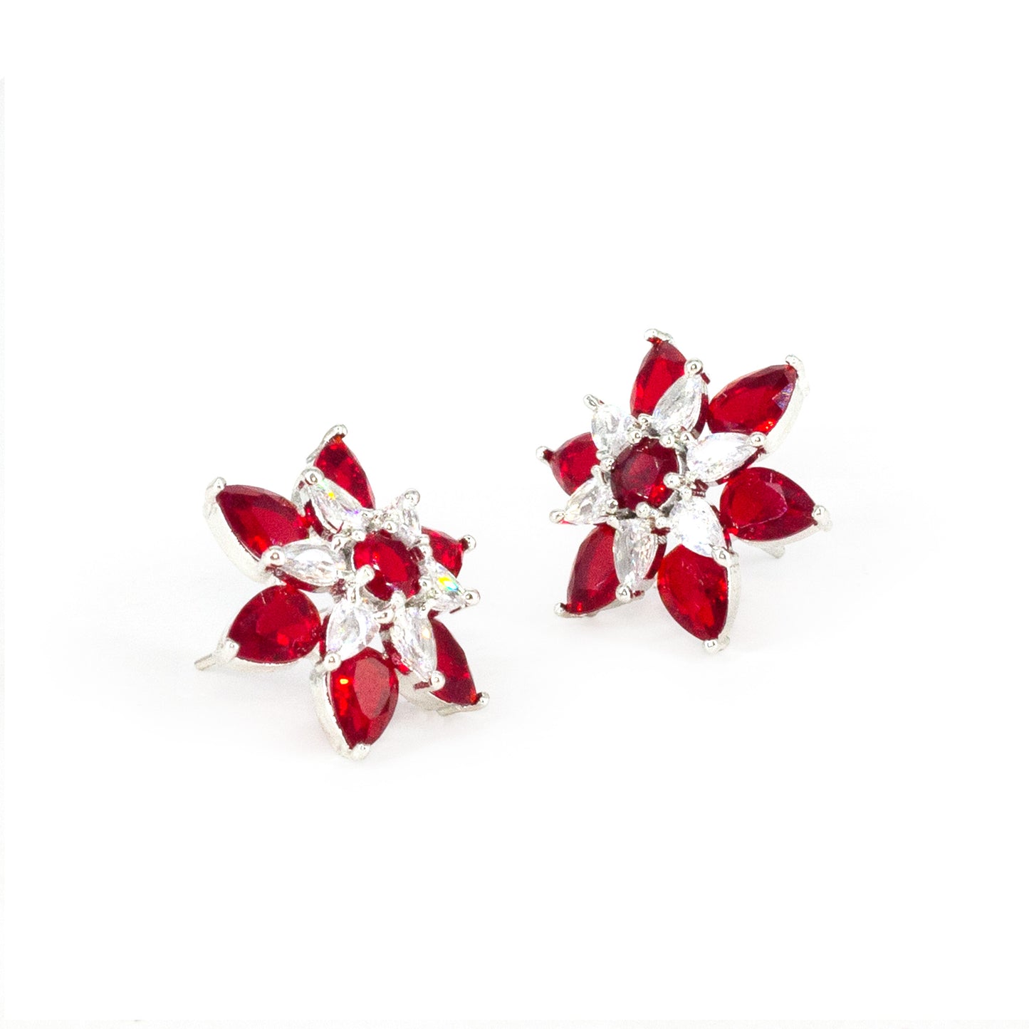 Rhodium Plated Red AD Floral Stud Earrings for Women