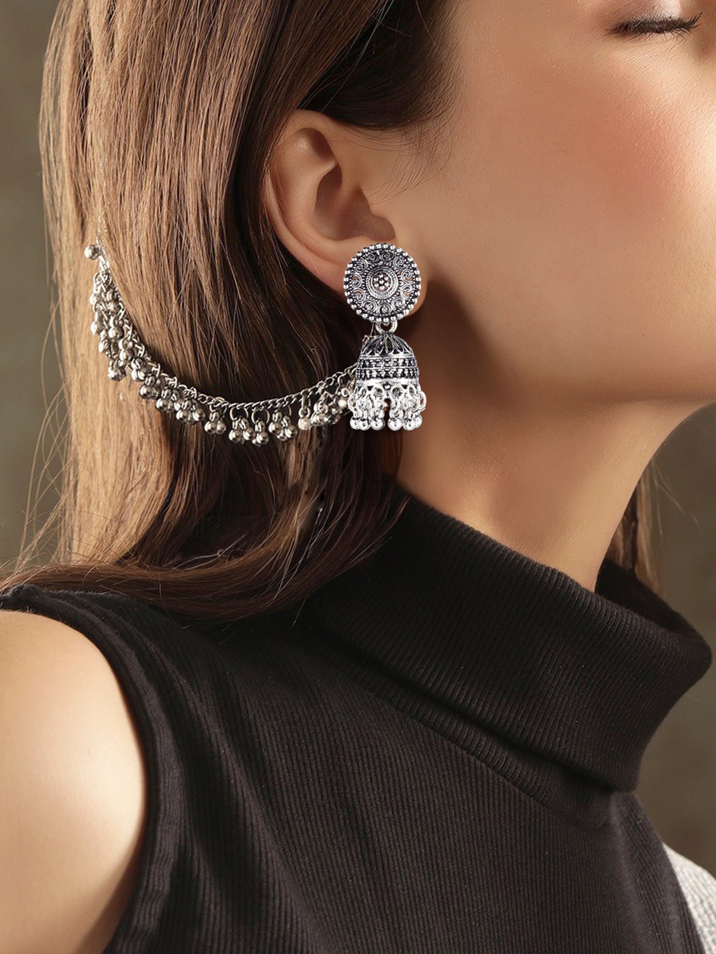 Silver-Plated Dome Shaped Jhumkas With Hair Chain