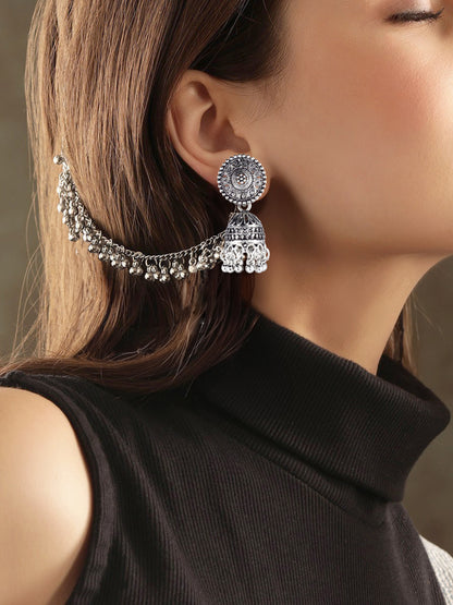 Silver-Plated Dome Shaped Jhumkas With Hair Chain