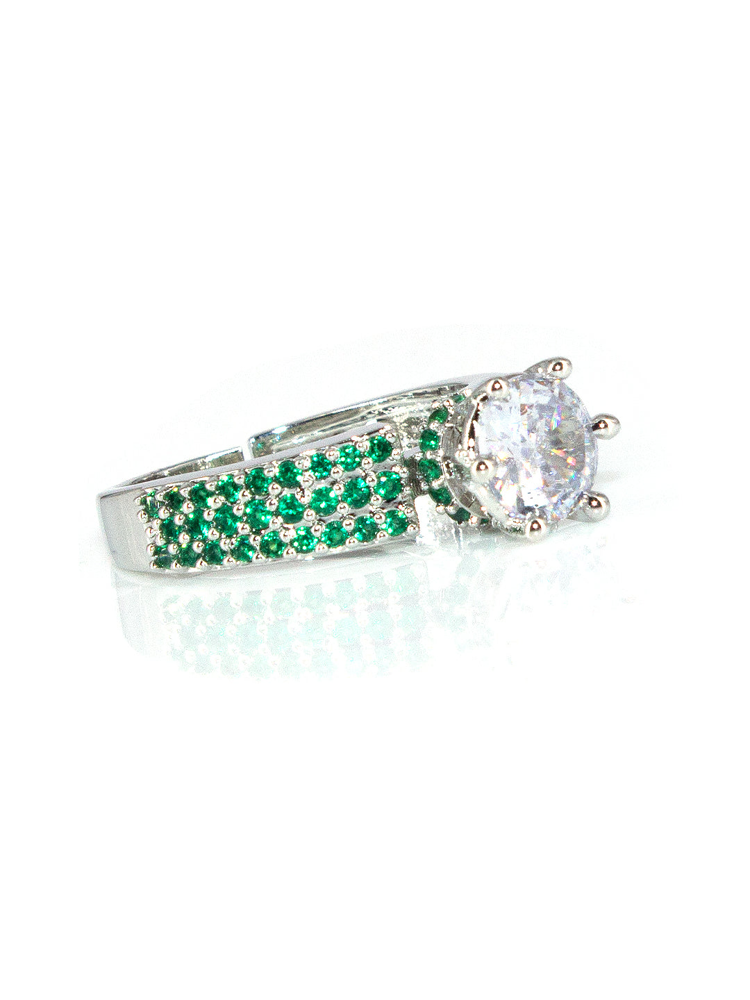 Silver-Plated Green American-Diamond Adjustable Finger Ring