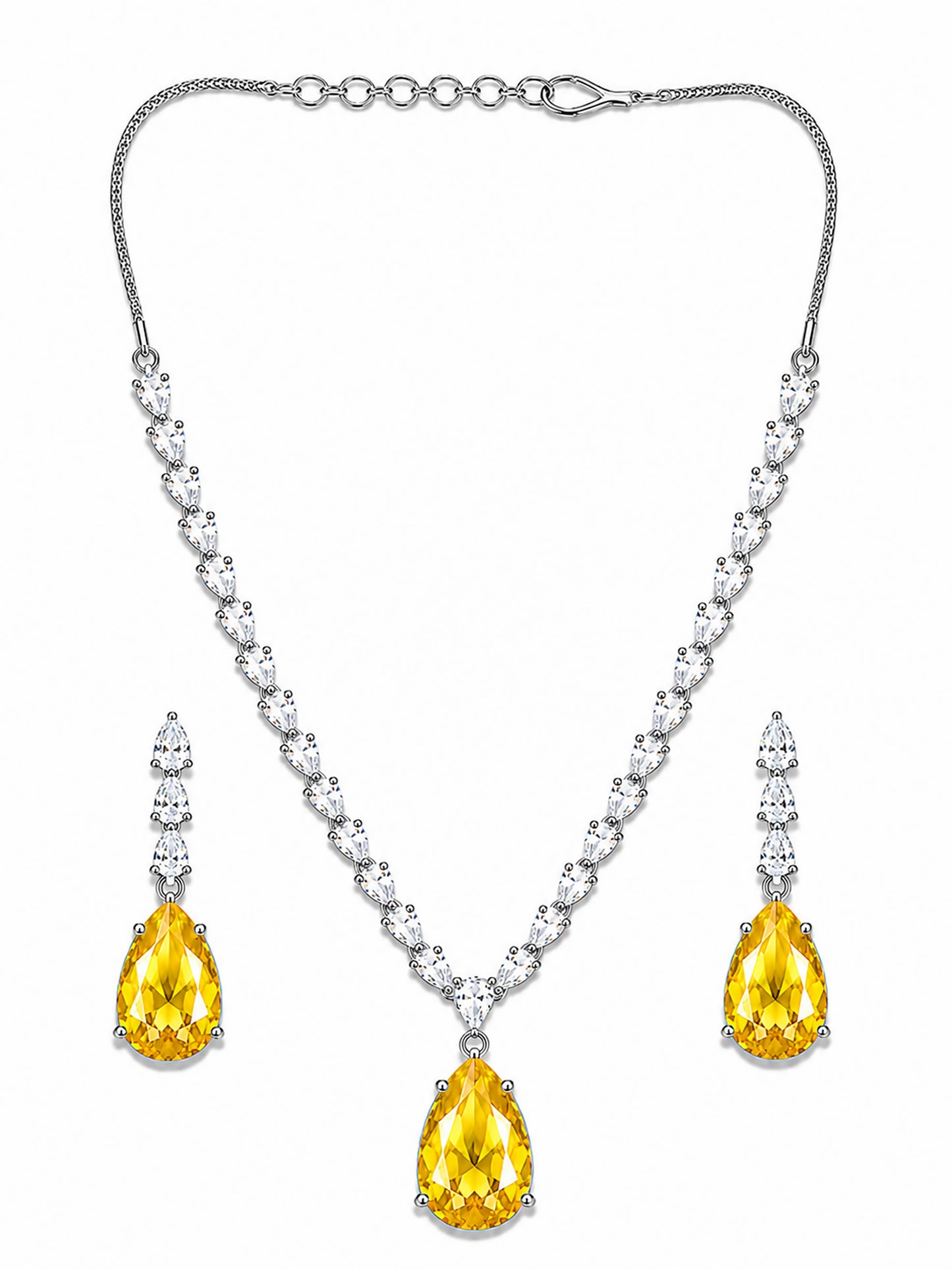 Silver Plated Yellow Teardrop AD Jewellery Set for Women