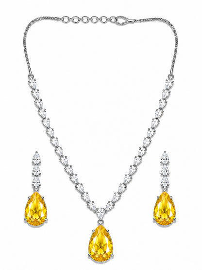 Silver Plated Yellow Teardrop AD Jewellery Set for Women