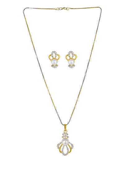 Gold Plated American Diamond Crown Trendy Pendant & Earring Set
