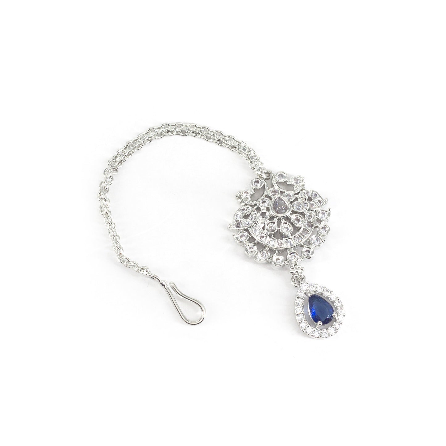 Rhodium Plated Blue AD Maang Tikka for Women