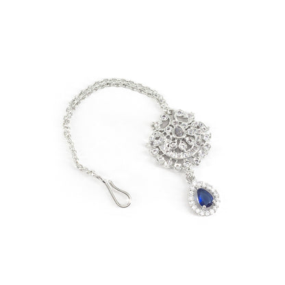Rhodium Plated Blue AD Maang Tikka for Women