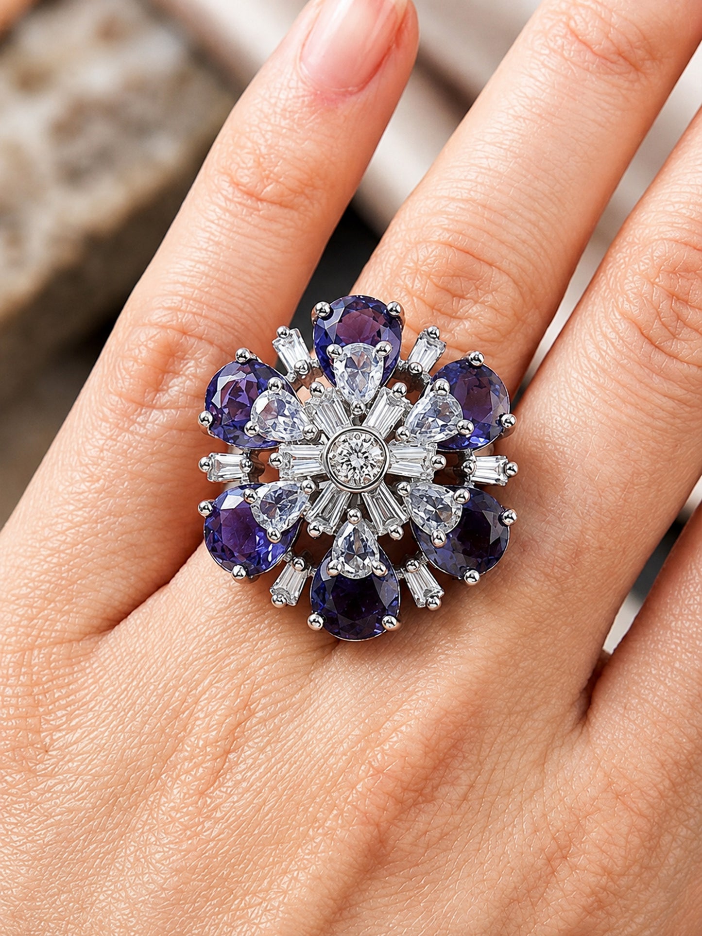 Silver Plated Purple AD Floral Finger Ring for Women