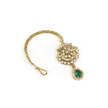 Gold Plated Green AD Maang Tikka for Women