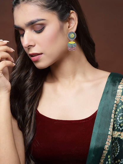 Gold Plated Circular Multi Color Artificial Beaded Jhumki Earrings