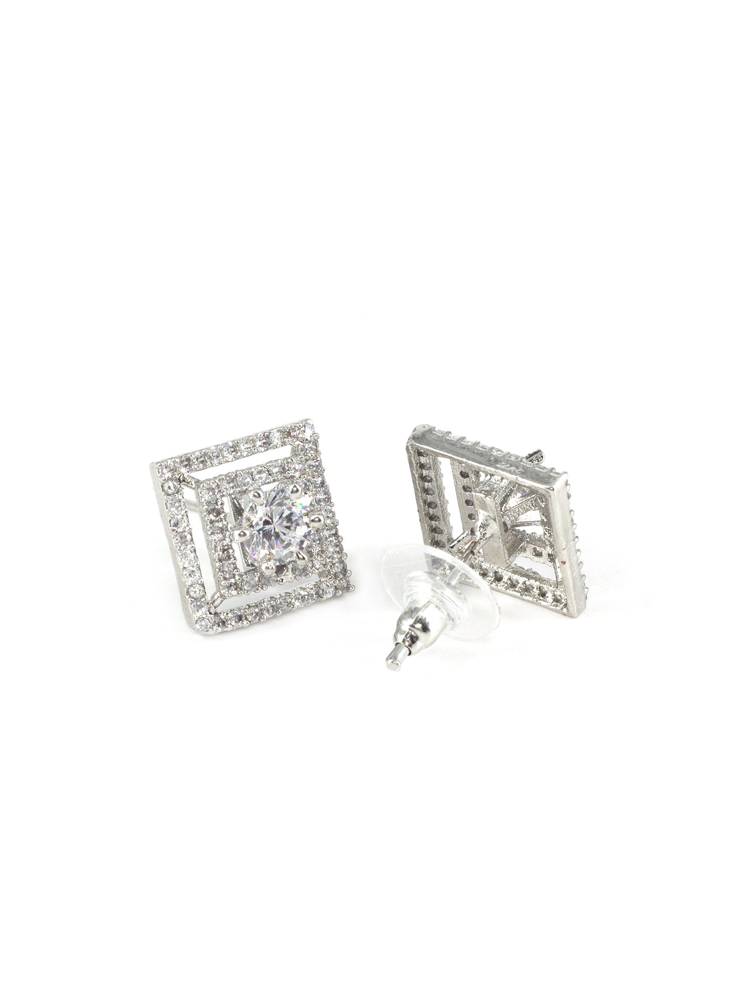 Silver Plated Square AD Stud Earrings for Women