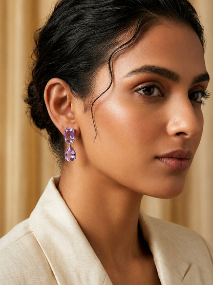 Rhodium Plated Purple American Diamond Teardrop Earrings